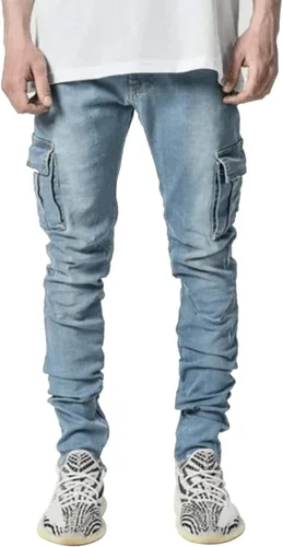 Vista 2 de HUNGSON Pantalones de mezclilla elásticos ajustados para hombre, jeans ajustados rasgados para hombre, pantalones de pierna recta desgastados