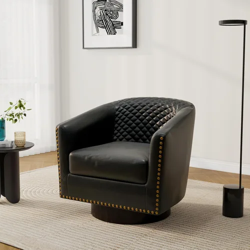 Vista 17 de Pia Ricco Silla de Acento Tipo Barril de Cuero Sintético, Silla de Club Moderna con Brazos, Cómoda Silla Individual Tapizada con Patas de Madera