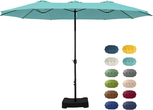 Vista 18 de GREEN PARTY Sombrilla de patio rectangular de 15 pies con base incluida, sombrilla de mesa de doble cara con manivela, sombrillas grandes