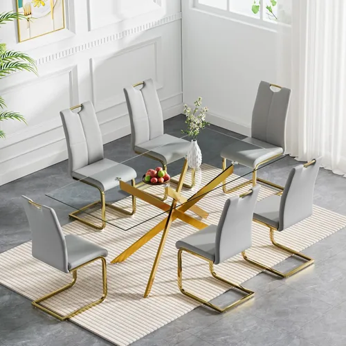 Vista 15 de Juego de mesa de comedor de cristal de lujo de 36 pulgadas para 2, mesa de comedor redonda moderna de 3 piezas con 2 sillas de comedor de cuero