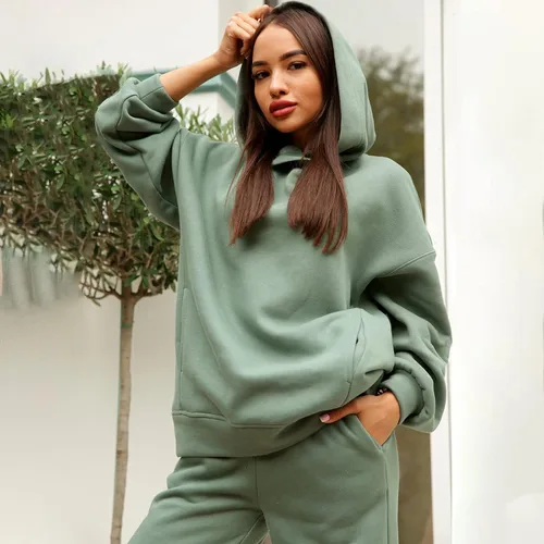 Vista 4 de Chándal para mujer, para otoño, invierno, casual, de gran tamaño, liso, básico, pantalones elásticos, sudadera deportiva con capucha, Blanco