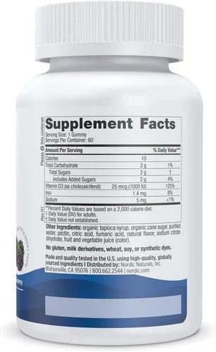 Vista 2 de Nordic Naturals, Gomitas de Vitamina D3, Funcionamiento Saludable de los Huesos, del Estado de ánimo y del Sistema Inmunológico, RUS-31140, 60, 1, 1