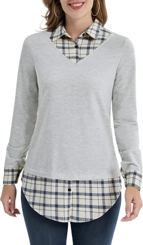 Vista 2 de DJT - Blusa tipo túnica 2 en 1 con cuello a cuadros en contraste para mujer
