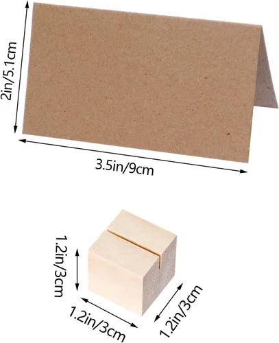 Vista 2 de 20 portatarjetas de madera para colocar tarjetas de mesa, soportes para letreros pequeños, tarjetero de madera rústica con tarjetas de papel marrón