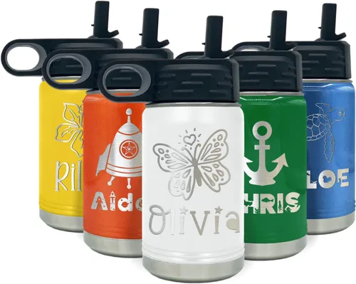 Vista 36 de Botella de agua para niños personalizada con nombre en botella de agua aislada con anillo verde mate de 12 onzas