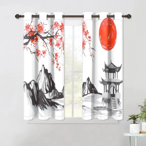 Vista 50 de Cortinas japonesas con pintura de tinta, monte Fuji, sol rojo, puesta de sol, hojas de bambú, cortinas de ventana para dormitorio, sala de estar