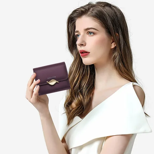 Vista 6 de Cartera pequeña para mujer con bloqueo RFID, de piel sintética, colgante de hoja, organizador de tarjetas, monedero con cremallera, APúrpura-S