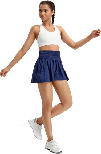 Vista 6 de Blaosn Pantalones cortos fluidos de cintura alta para mujer, gimnasio, yoga, atletismo, correr, tenis, faldas con bolsillos, ropa bonita de verano
