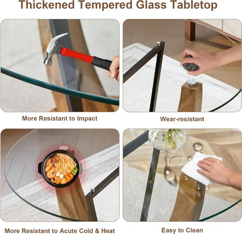 Vista 5 de Juego de mesa redonda de cristal de 5 piezas para 4, mesa de comedor moderna de 48 pulgadas con base de grano de madera, sillas tapizadas de gamuza