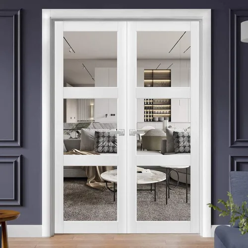 Vista 2 de SARTODOORS Puertas dobles francesas macizas de vidrio transparente de 84 x 84 pulgadas Lucia 2555 blanco mate Adornos de marco de panel sólido