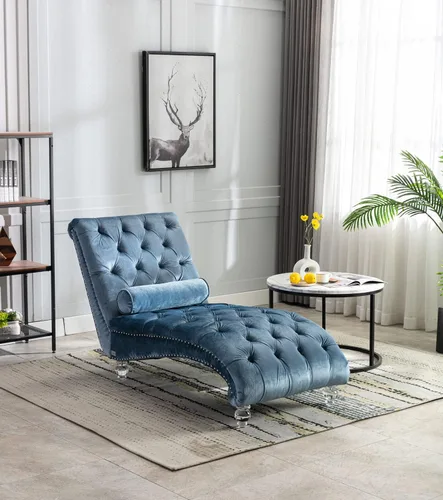 Vista 9 de Tumbona de terciopelo con almohada, moderna silla de descanso con botones copetudos con patas acrílicas, silla tapizada para interiores para sala