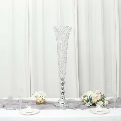 Vista 8 de Efavormart - Juego de 2 jarrones de trompeta con cuentas doradas de cristal para mesa de boda, 23 pulgadas de alto