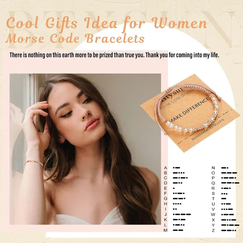 Vista 2 de Btysun Pulseras con código morse para mujeres, adolescentes, niñas, regalos rosados, pulseras trenzadas inspiradoras para mejores amigas, regalos