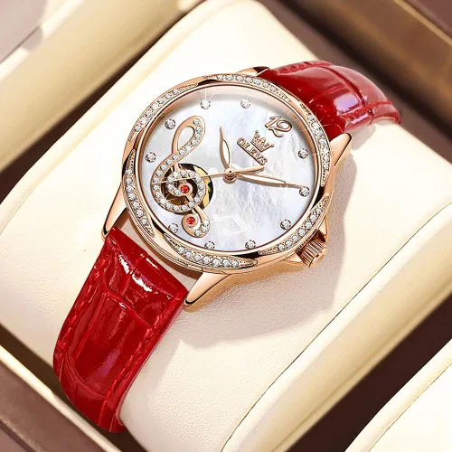Vista 5 de OLEVS Reloj mecánico automático para mujer correa de cuero cuerda automática reloj de pulsera para mujer esfera de corazón de diamante impermeable