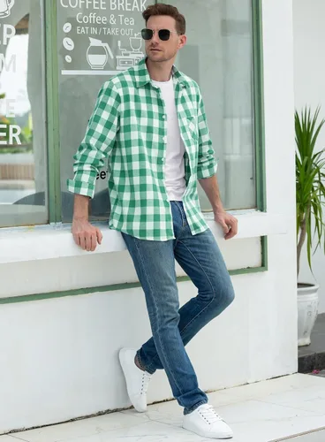 Vista 3 de SANGTREE Camisa de franela de manga larga con botones para hombres y niños, tallas desde 3 meses hasta 9XL de adulto de EE. UU., Verde, blanco