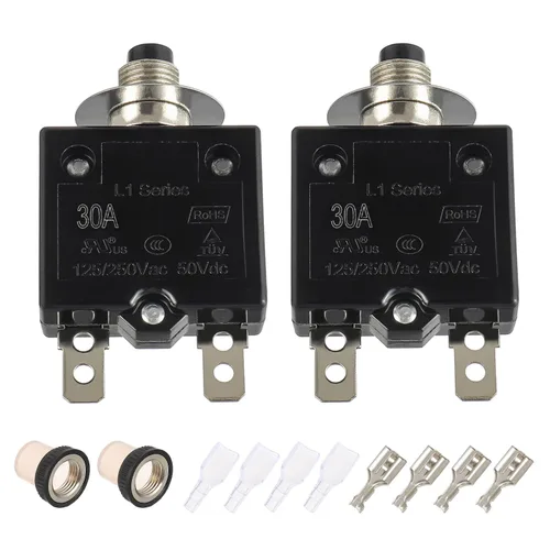 Vista 13 de Disyuntor de botón de reinicio manual 8A, 125/250 V CA, 50 V, CC, protector de sobrecarga térmica con terminales de conexión rápida y tapas de botón