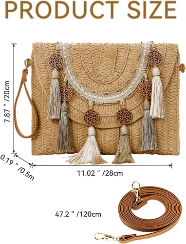 Vista 4 de YYW Bolso de paja con paja, bolso de hombro de paja para mujer, para verano, playa, crucero, sobre, embrague, bolsa de rafia