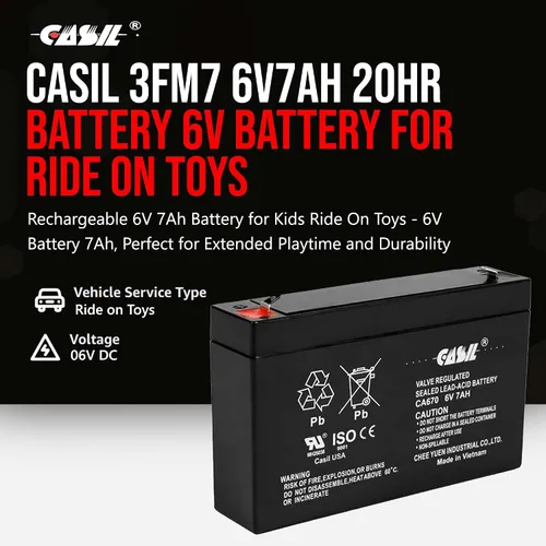 Vista 2 de Casil 3FM7 6V7Ah 20HR Batería de 6V 7Ah para juguetes motorizados - Batería recargable 3FM7 de 6V 7Ah duradera para juguetes motorizados para niños