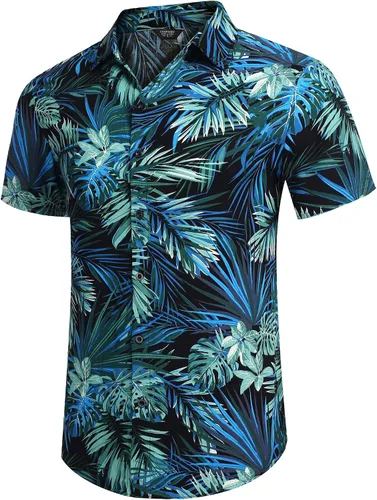 Vista 4 de COOFANDY - Conjunto de camisa hawaiana floreada de manga corta con botones para hombre