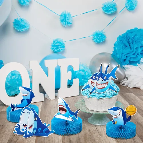 Vista 6 de 9 piezas de decoración de fiesta de cumpleaños de tiburón, centros de mesa de panal de abeja de tiburón, decoración temática de tiburones oceánicos