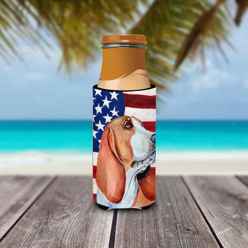 Vista 3 de Caroline's Treasures LH9017MUK - Bandera estadounidense con Basset Hound Ultra Hugger para latas delgadas para latas delgadas, funda para enfriar