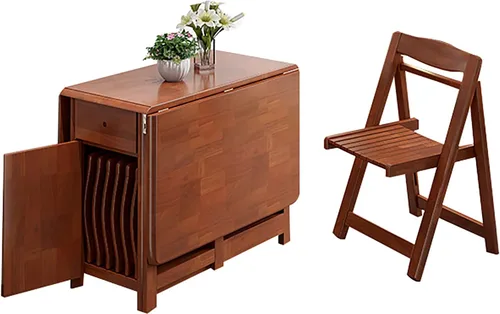 Vista 8 de Mesa y sillas plegables, mesa de comedor de extensión de hojas caídas con ruedas y cajón, juego de mesa de comedor de madera maciza de 5 piezas Negro