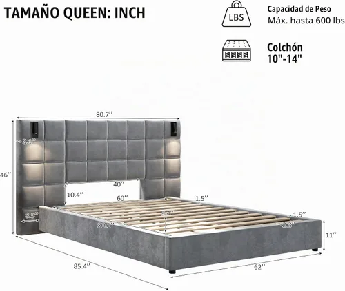 Vista 2 de base de cama de plataforma tamaño queen con 1 mesita de noche de conjunto 1+1, elegante cama tapizada de terciopelo con cabecero acolchado
