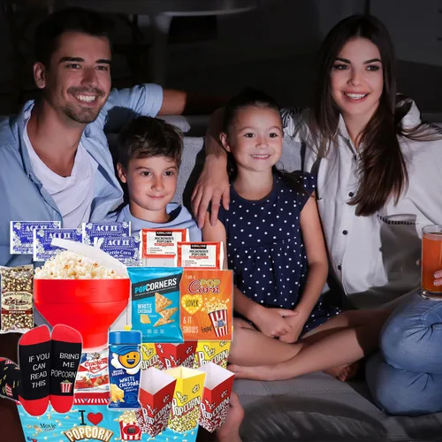 Vista 7 de AMANTE DE LAS PALOMITAS Cesta de regalo para noche de películas paquete de cuidado - para familia o regalo de cumpleaños variedad de aperitivos