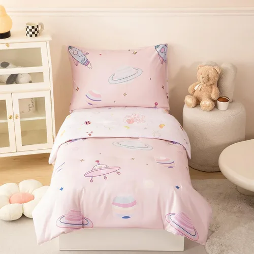 Vista 27 de PERFEMET Juego de cama de 4 piezas para niños pequeños con edredón de autos para niños, reversible, ligero, vehículos azules, juego de cama