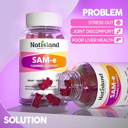 Vista 2 de SAM-e con gomitas de L-tirosina, complejo B metilado y NAC, suplemento SAM e de 1200 mg, folato de metilo y B12, para alivio del estrés y apoyo