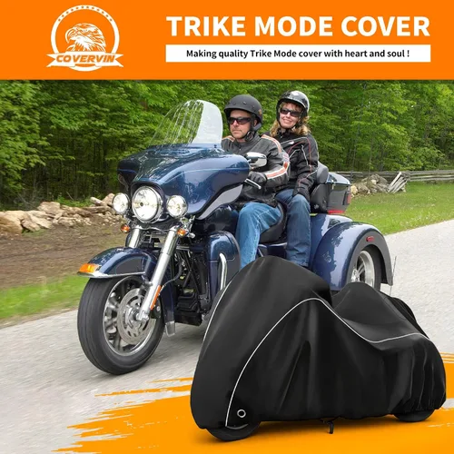 Vista 8 de COVERVIN Trike - Funda impermeable para motocicleta de 3 ruedas para Harley Honda Goldwing Freewheeler Tri Glide Ultra, con cremallera de antena