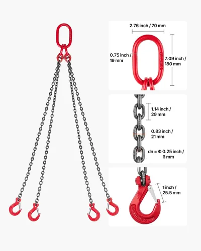 Vista 2 de VEVOR Eslinga de cadena, cadenas de elevación de 1/4 pulgadas x 5 pies con ganchos de agarre de 4 brazos, eslinga de elevación de acero de aleación