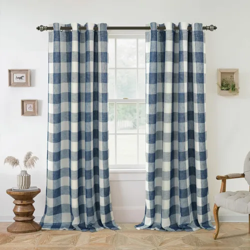 Vista 29 de Cortinas de cuadros de búfalo DriftAway a cuadros negro y blanco extralargas con tratamiento ojo de sargento para dormitorio y sala de estar