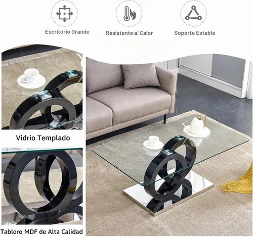 Vista 5 de Mesa de centro de cristal para sala de estar, mesa moderna de vidrio templado y patas de MDF, pequeña mesa de centro moderna (negro, estilo 1)