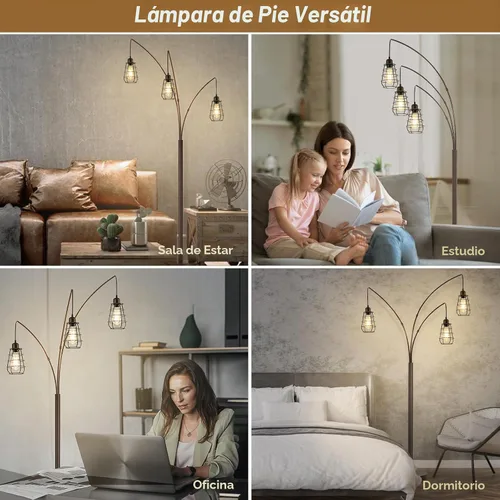 Vista 6 de Lámpara de Pie Industrial, Lámpara de Pie de Arco de 3 Luces para Sala de Estar, Lámpara de Pie Alta de 76 Pulgadas con Pantallas de Jaula de Metal