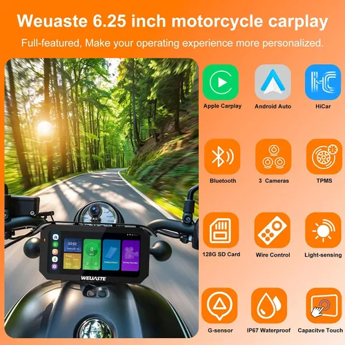 Vista 2 de 3PCS 1080P motocicleta Dash Cam, TPMS, 6.25" motocicleta Carplay & Android Auto Screen & HiCar, sensor de luz, grabación en bucle, controlador