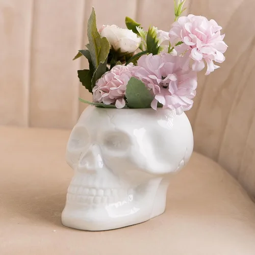 Vista 3 de Tanvecle - Macetas de calavera (2 unidades), jarrón gótico de esqueleto para Halloween Ceramic planter for succulent, flowers, centerpiece table
