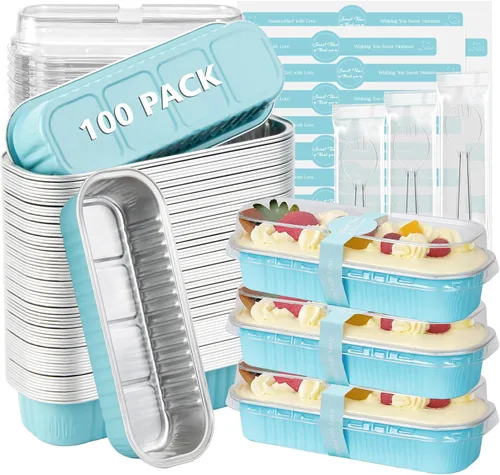 Vista 10 de Ruckae Paquete de 100 Mini Moldes para Pan Mini Moldes para Hornear Pan con Tapas y Cucharas, Moldes de Papel de Aluminio Desechables, Moldes