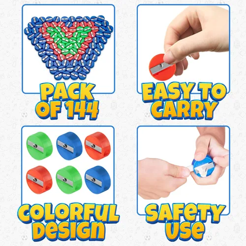Vista 2 de Bedwina Sacapuntas a granel – Paquete de 144 sacapuntas de color de bolsillo tamaño mini manual para niños, plástico y colorido para recuerdos