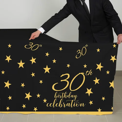 Vista 5 de Gatherfun Mantel Desechable para Cumpleaños de 30 Años Paquete de 4 Dorado y Negro Impermeable Cubierta de Mesa de Plástico para Hombres Mujeres 30