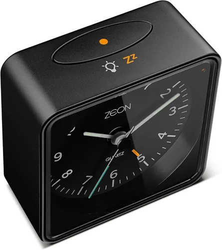 Vista 4 de ZEON Reloj despertador analógico de cabecera con función de luz y repetición, reloj despertador silencioso sin tictac con batería en negro, CE4550
