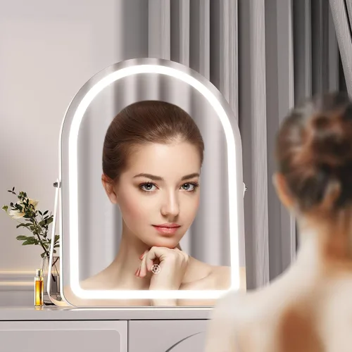 Vista 7 de Hasipu Espejo de tocador con luces, espejo de maquillaje LED arqueado de 14 x 18 pulgadas, espejo de maquillaje iluminado con luces, control táctil