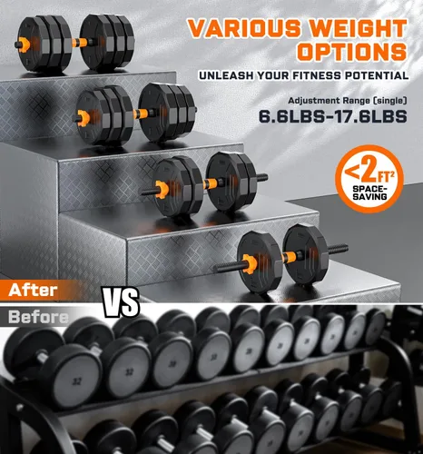 Vista 8 de 5-in-1 Adjustable Dumbbell Set, 33/44/66/88lbs Free Weights Set with Connector, Used as Kettlebells, Barbell, Push up Stand, Standard 1" Plates