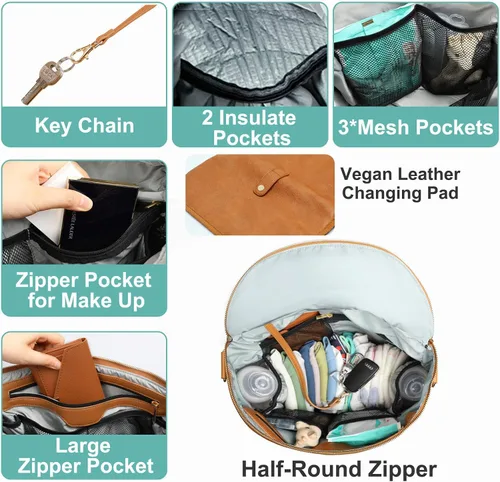 Vista 3 de Bolsa de pañales, mochila de cuero para pañales de MF Store, mochila de pañales con funda para portátil, cambiador, bolsa de toallitas, correas