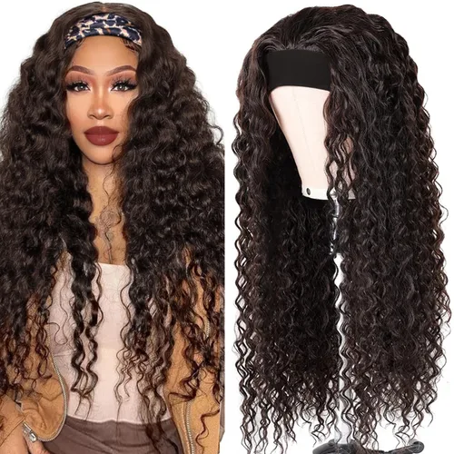 Vista 36 de Peluca de cabello humano con diadema de ondas profundas, sin pegamento, pelucas de cabello rizado sin encaje frontal, pelucas de cabello humano