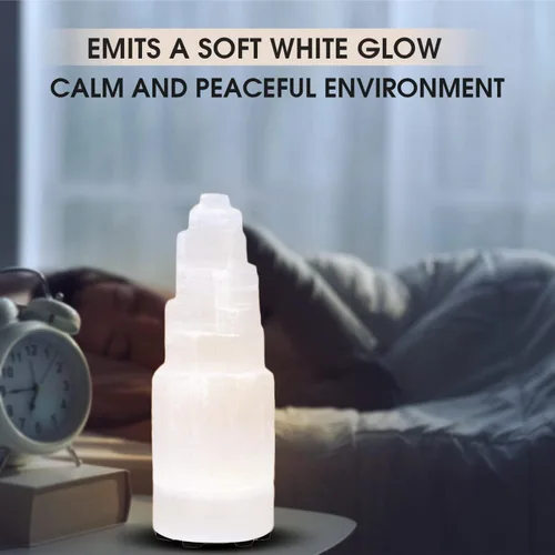 Vista 5 de Himalayan Glow WBM - Torre de selenita rascacielos de 3.9 in, decoración natural para el hogar y meditación de piedra de selenita, 3 piezas, lámpara