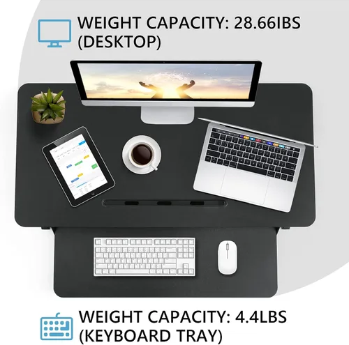 Vista 4 de Convertidor de escritorio de pie de 32 pulgadas de altura ajustable con bandeja extraíble para teclado, elevador de escritorio grande, resorte