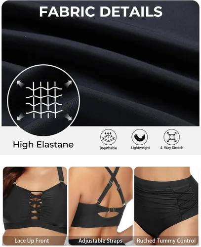Vista 6 de Daci - Traje de baño de dos piezas para mujer, talla extragrande, cintura alta, fruncido, con cordones Negro
