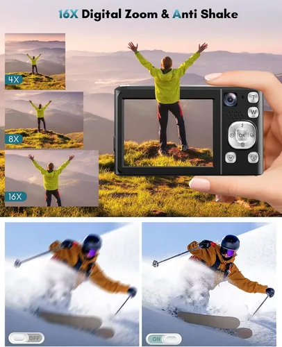 Vista 6 de Cámara digital 4K, cámaras de enfoque automático de 48 MP para fotografía, cámara compacta de vlogging con cámara frontal y trasera, cámaras de Negro