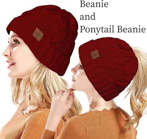 Vista 2 de Rosoz Gorro de cola de caballo para mujer, gorro cálido de invierno, suave, elástico, de punto trenzado, para moño alto